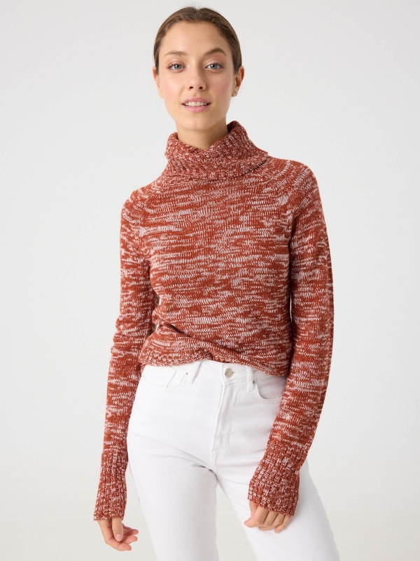 Fleece turtleneck sweater orange middle front view