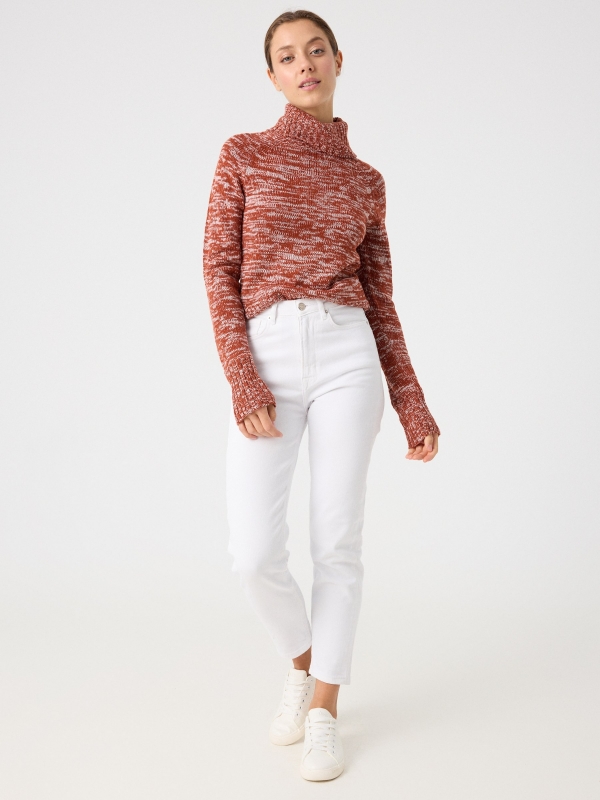 Fleece turtleneck sweater orange front view