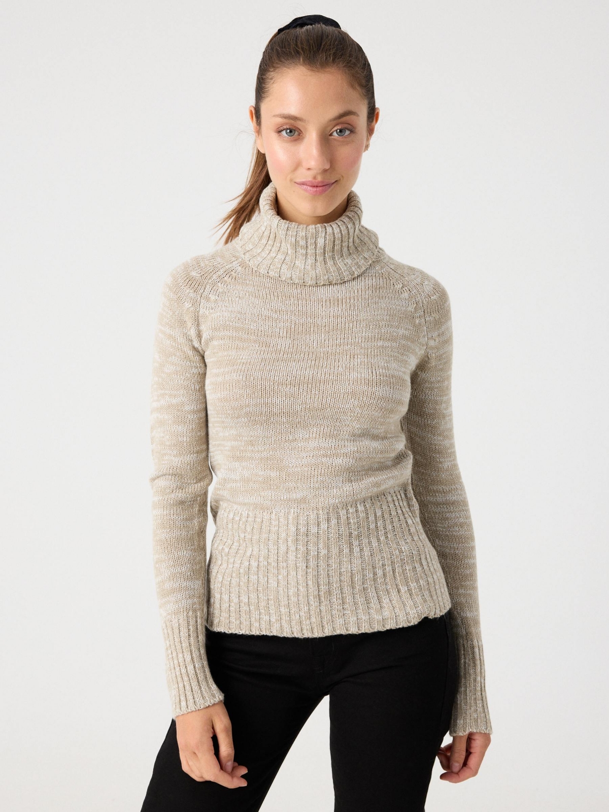 Fleece turtleneck sweater beige middle front view