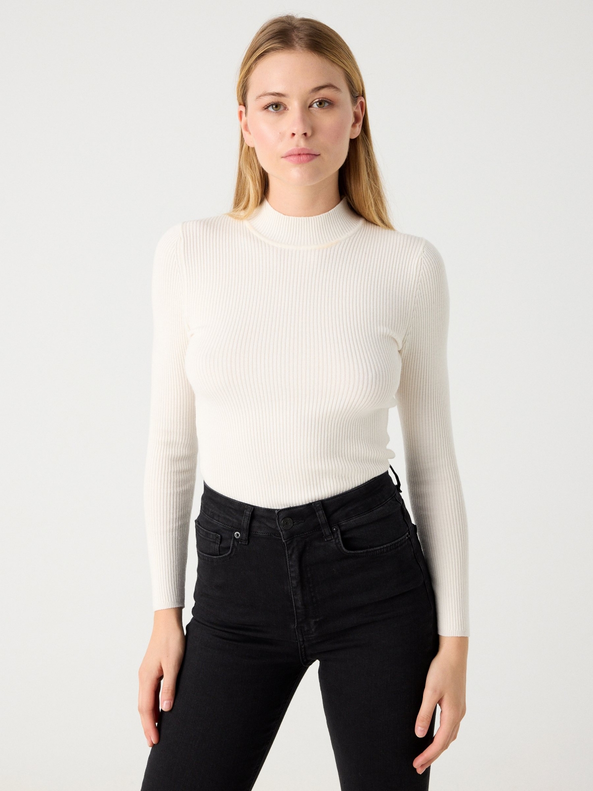 Black sweater with turtleneck off white middle front view