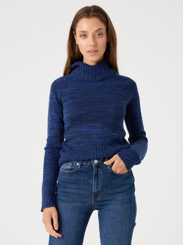 Fleece turtleneck sweater dark blue middle front view