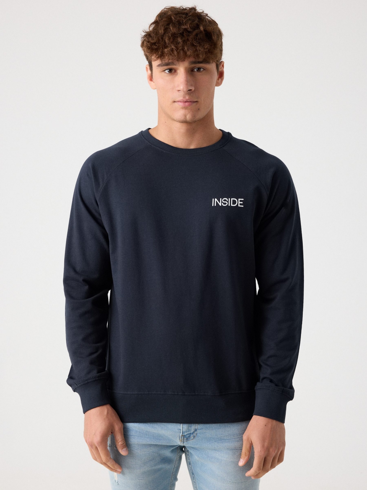 Basic sweatshirt with text blue middle front view