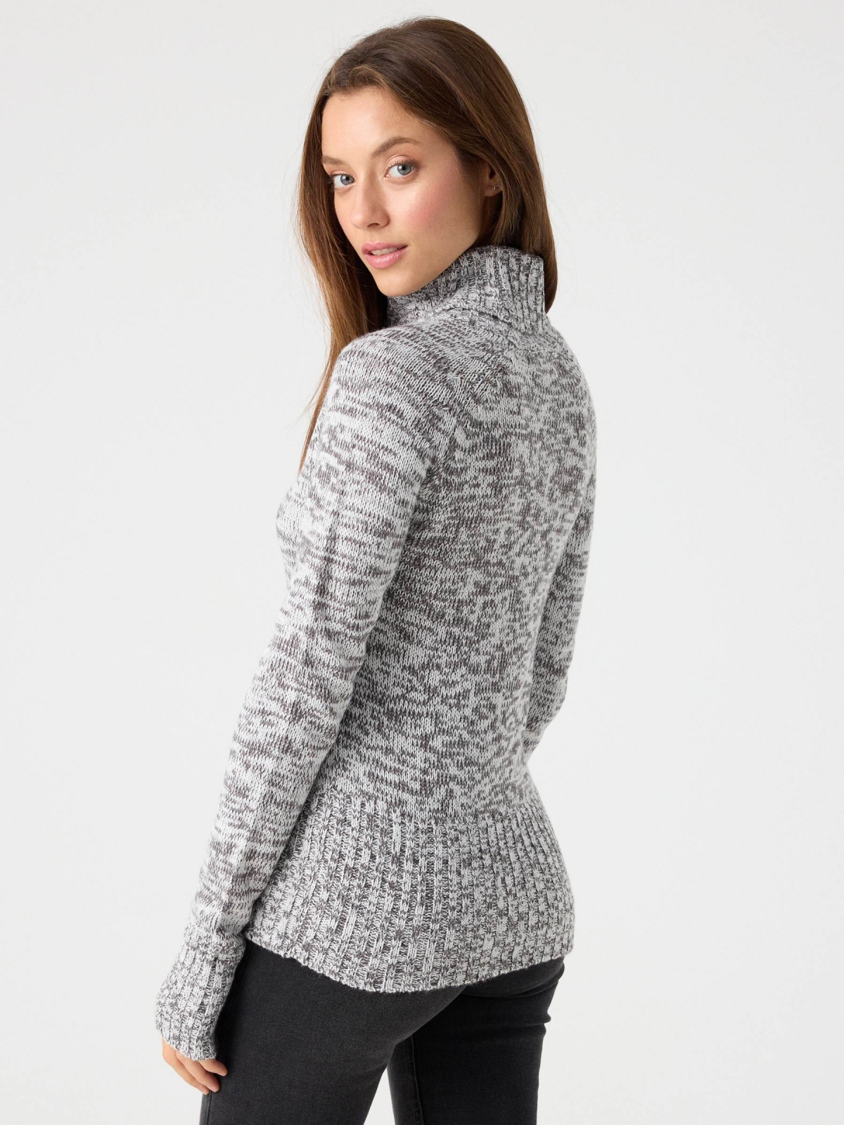 Fleece turtleneck sweater melange grey middle back view
