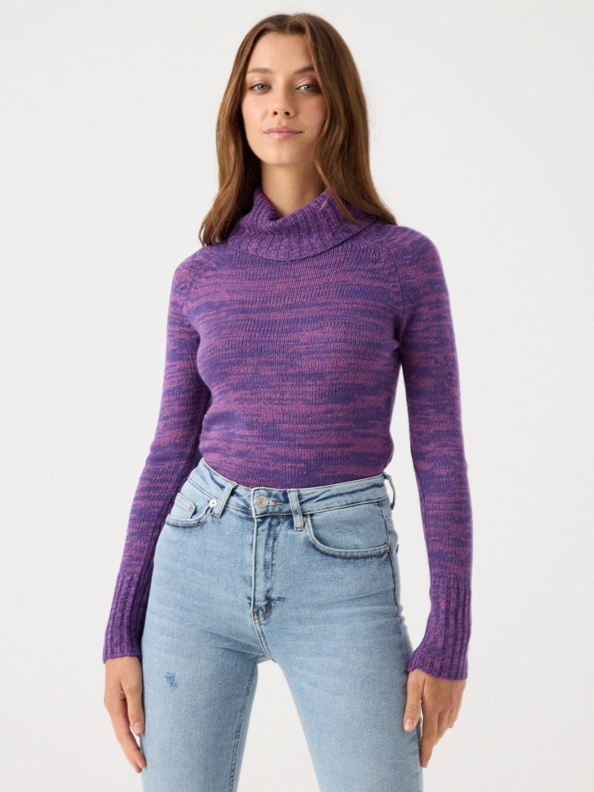Fleece turtleneck sweater purple middle front view