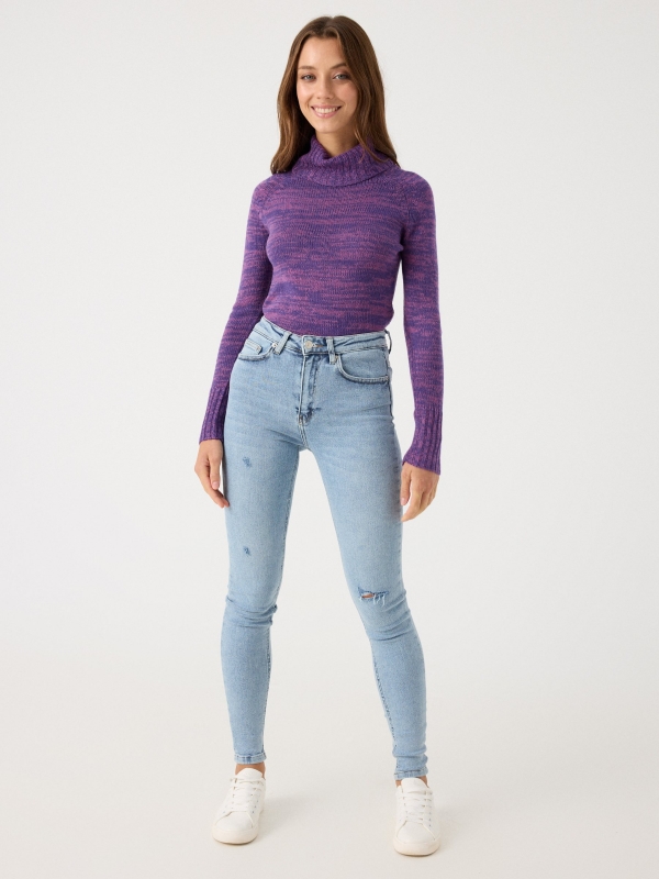Fleece turtleneck sweater purple front view