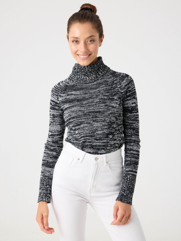 Fleece turtleneck sweater black middle front view