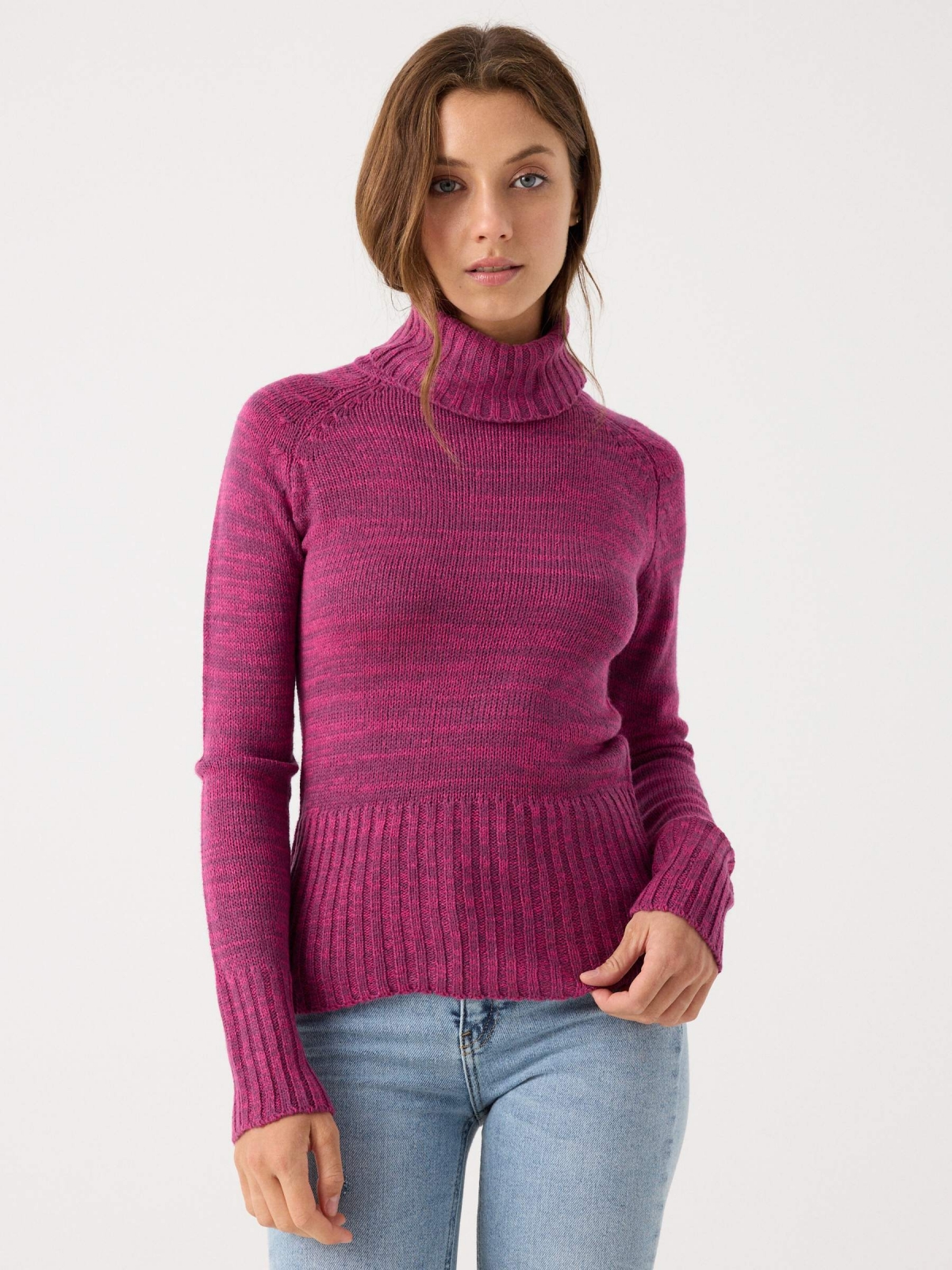 Fleece turtleneck sweater fuchsia middle front view