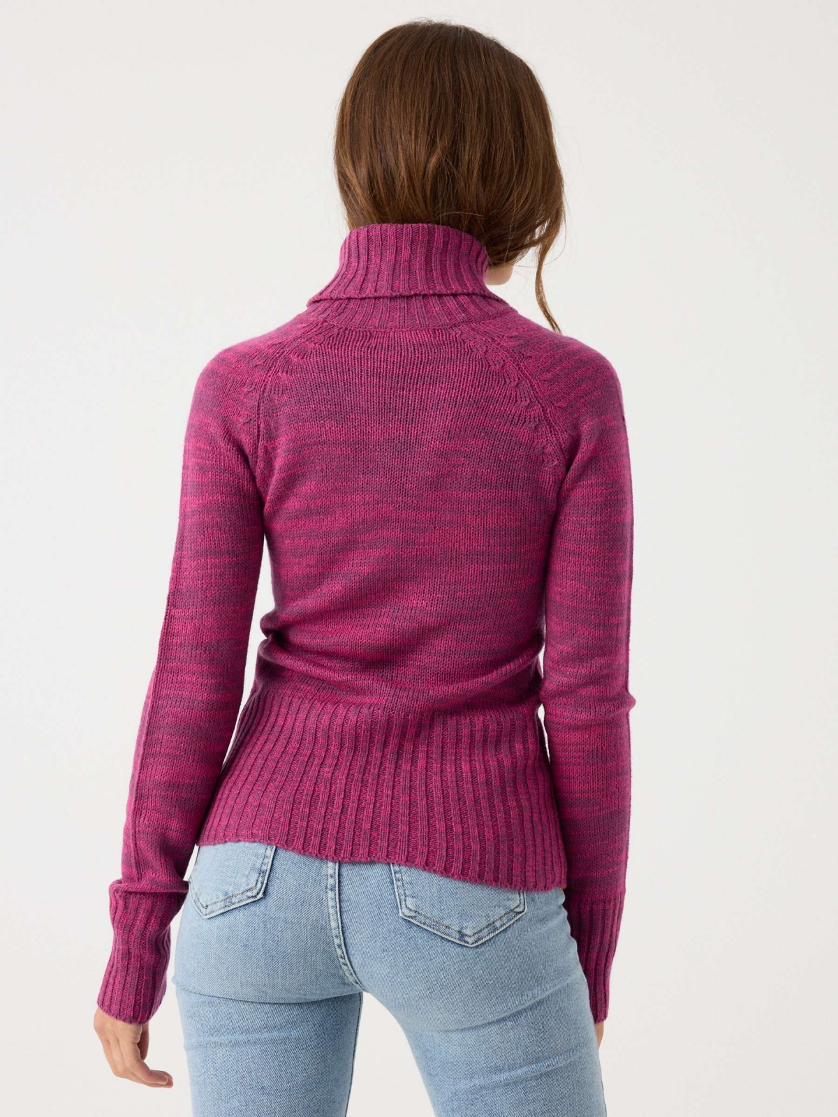 Fleece turtleneck sweater fuchsia middle back view