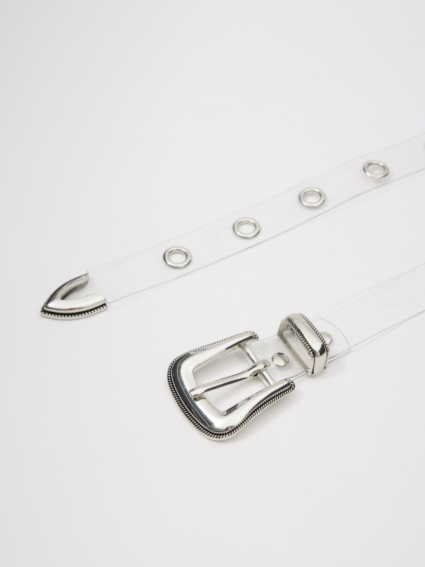 Cinturão transparente com anilhas transparente vista detalhe