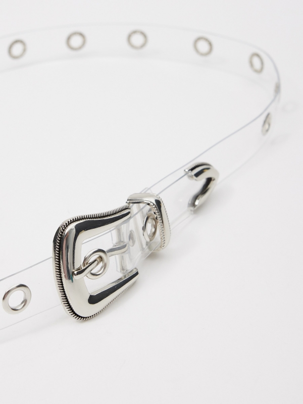 Cinturão transparente com anilhas transparente vista detalhe