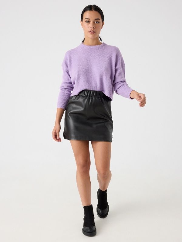 Faux leather skirt with elastic waist black front view