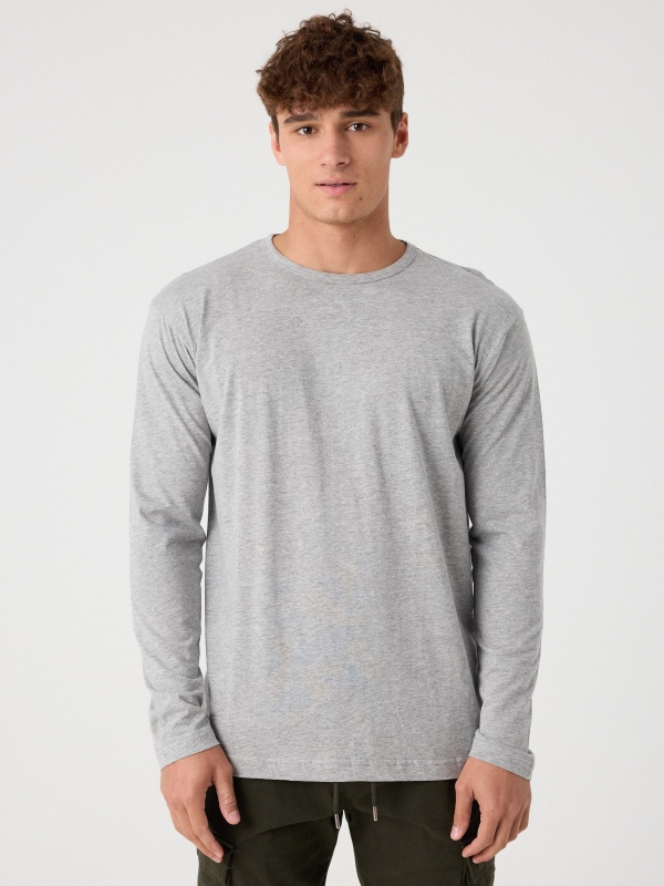 T-shirt básica de manga comprida cinza melange vista meia frontal