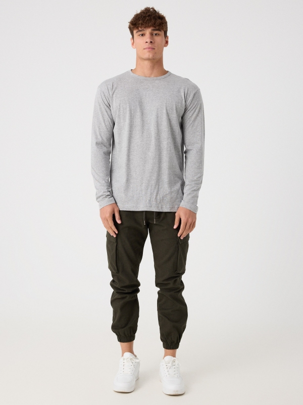 T-shirt básica de manga comprida cinza melange vista geral frontal