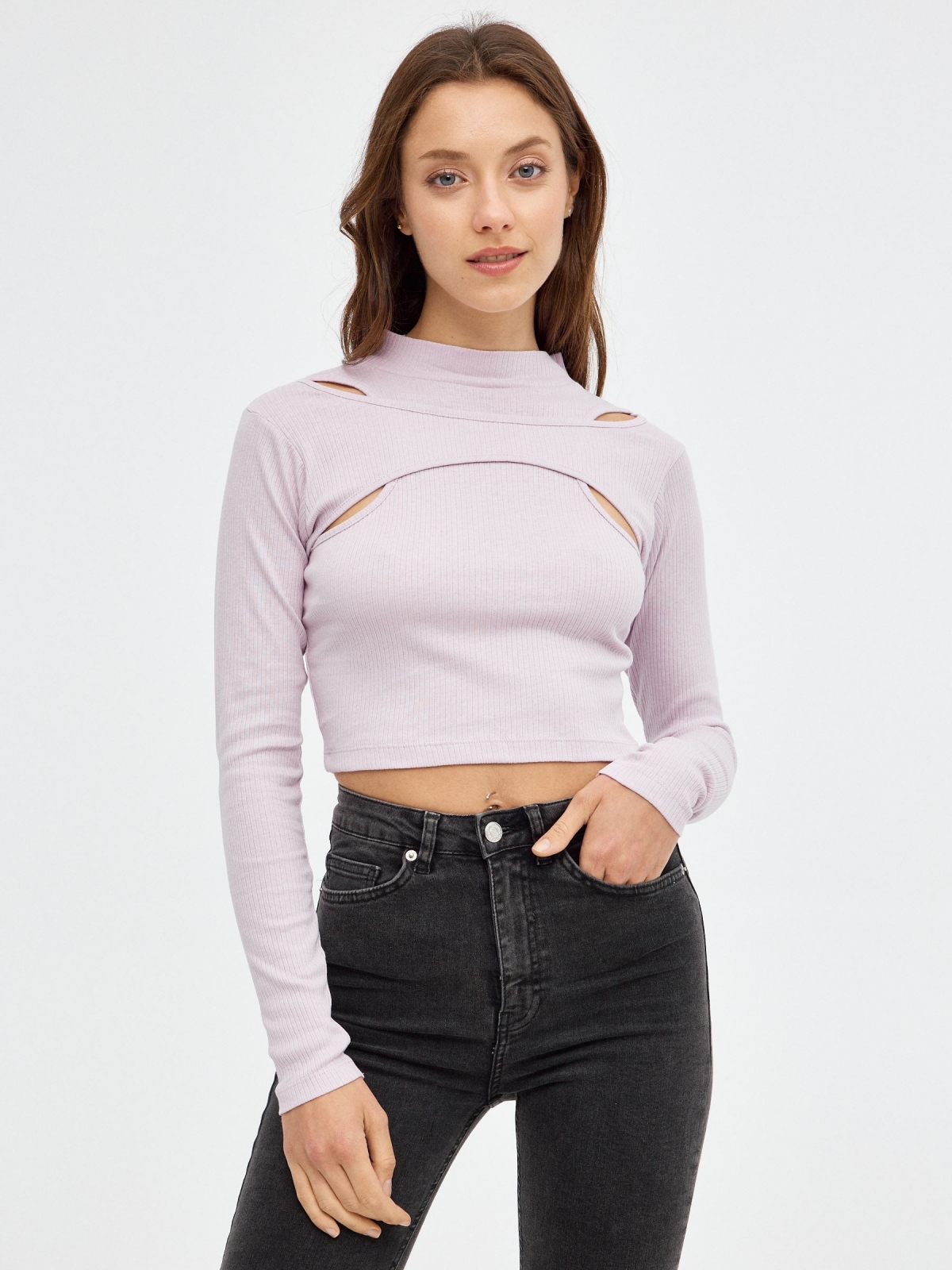 Tight crop cut out t-shirt mauve middle front view