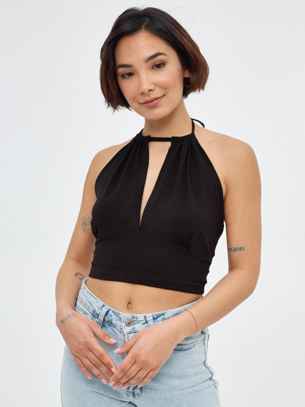 Halter top with opening black middle front view