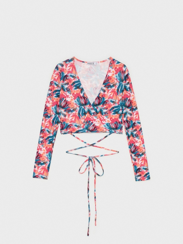  Camisa com print floral e lace up multicolorido