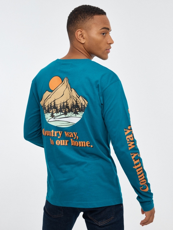 T-shirt com print da natureza turquesa vista meia traseira