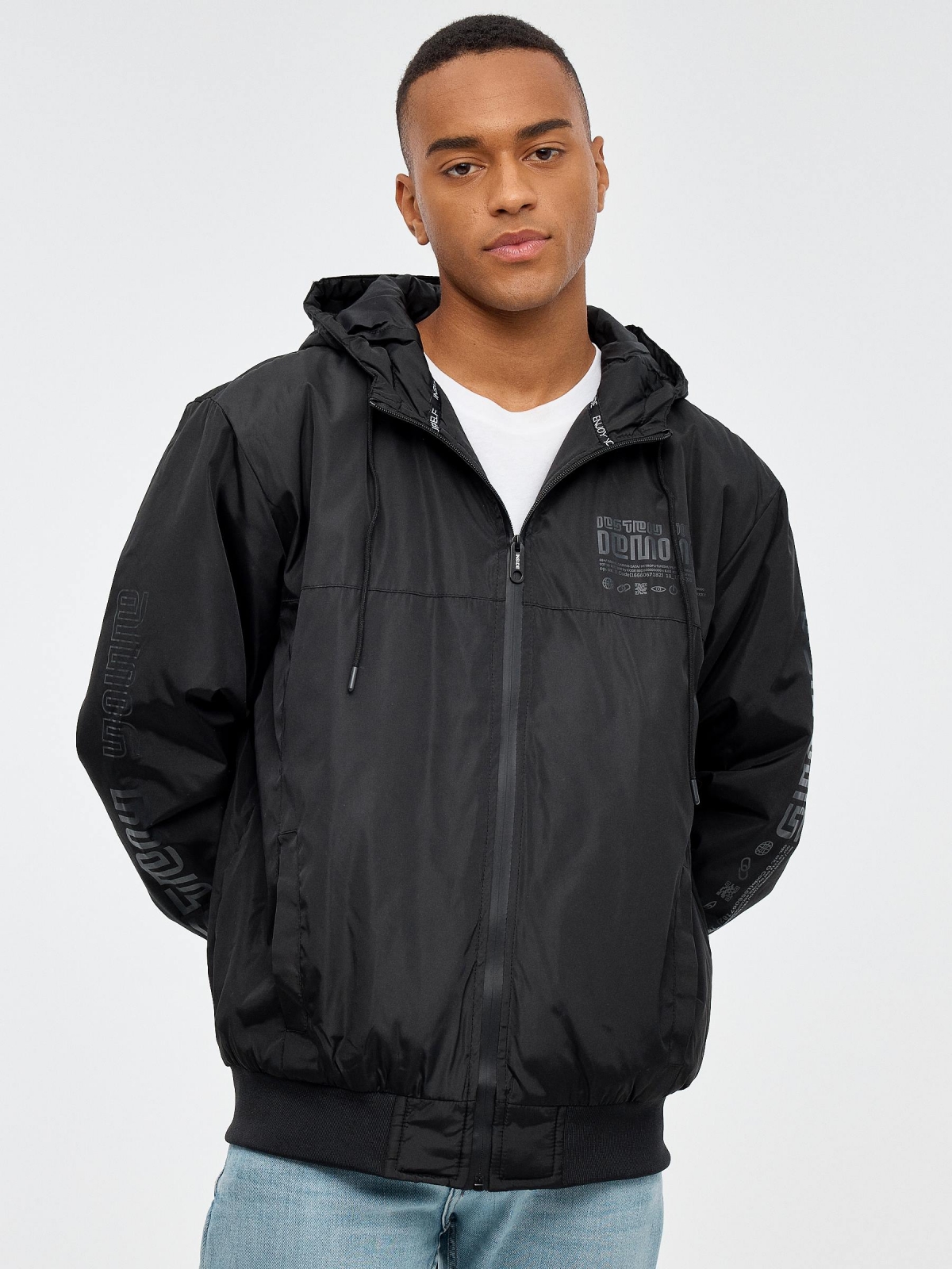 Nylon jacket with hood black middle front view