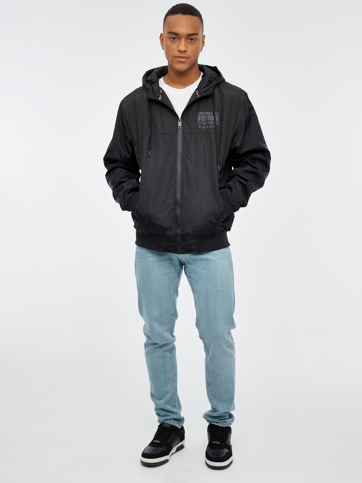 Nylon jacket with hood black front view