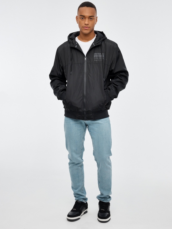 Nylon jacket with hood black front view
