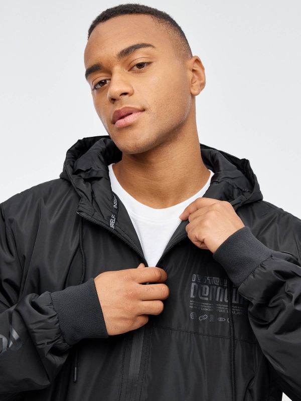 Nylon jacket with hood black detail view