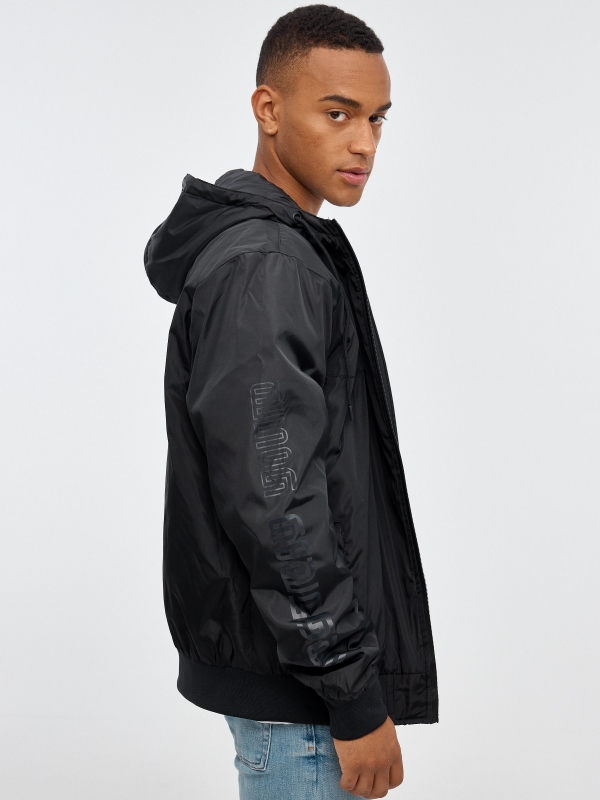 Nylon jacket with hood black detail view