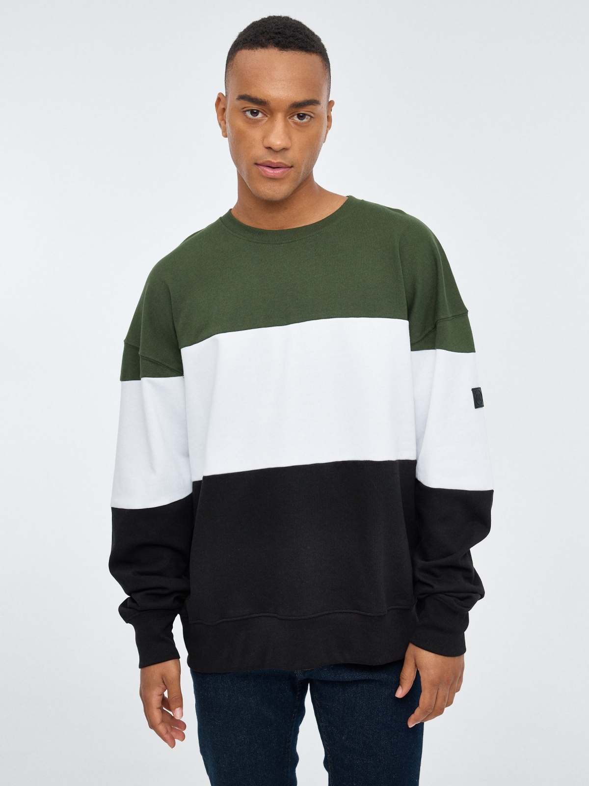 Green color block sweatshirt black middle front view