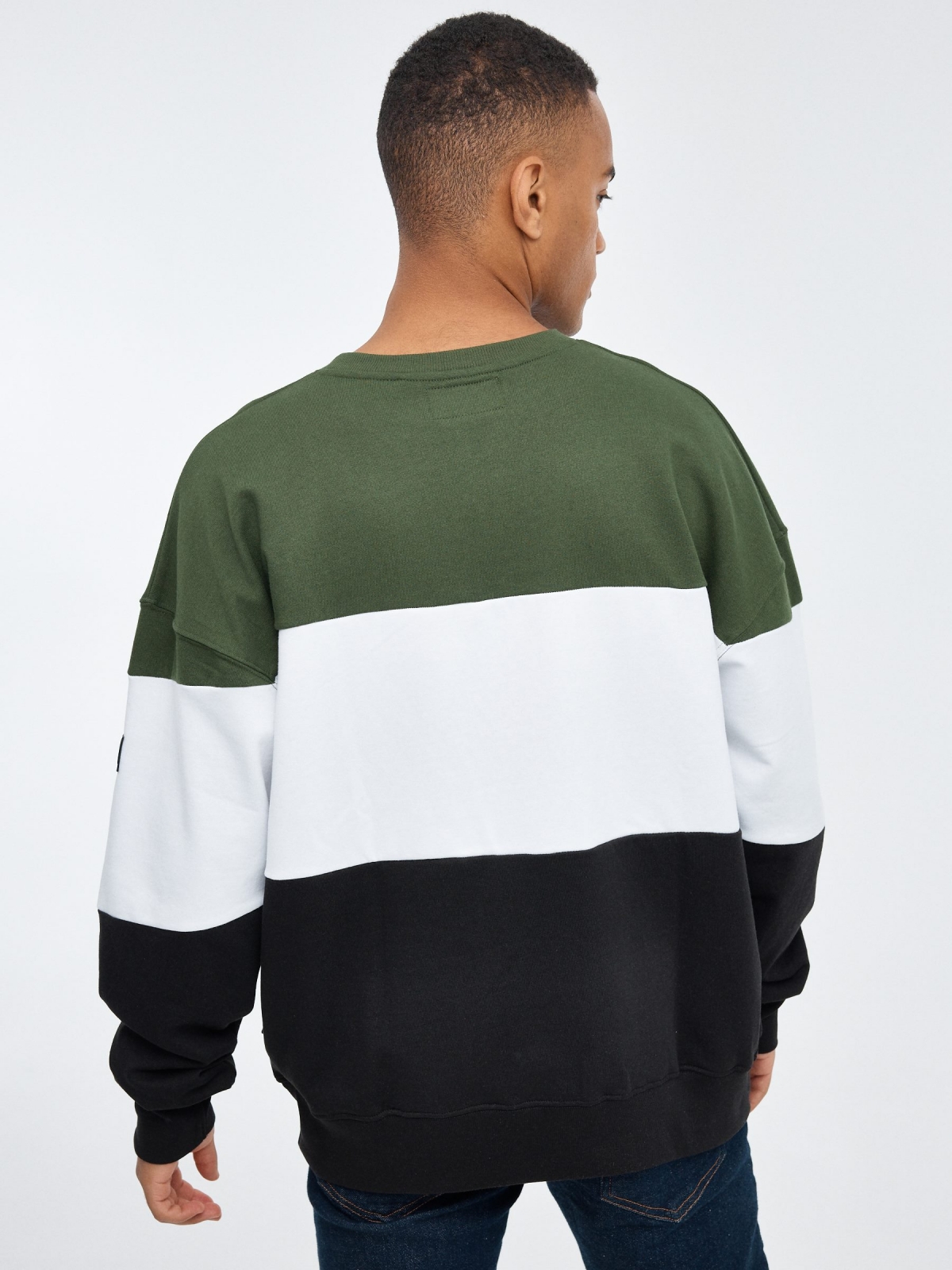 Green color block sweatshirt black middle back view