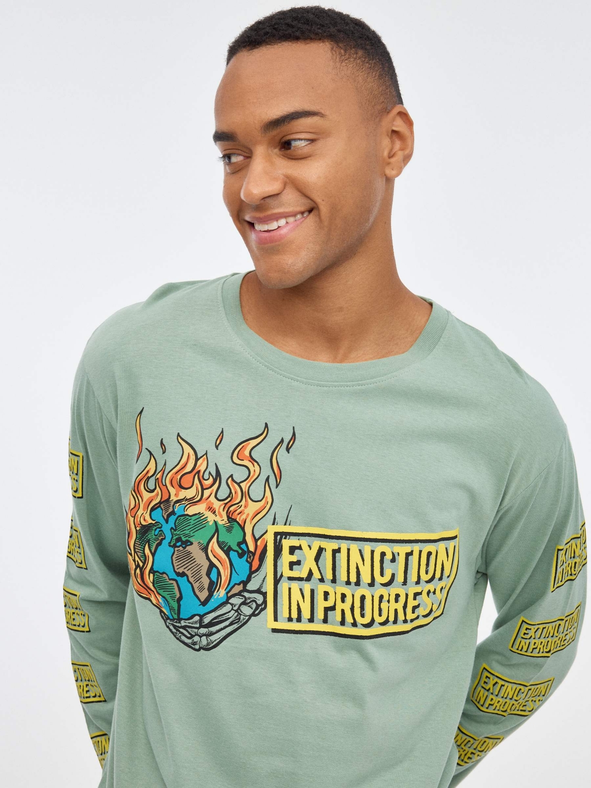T-shirt Extinction In Progress verde acinzentado vista detalhe