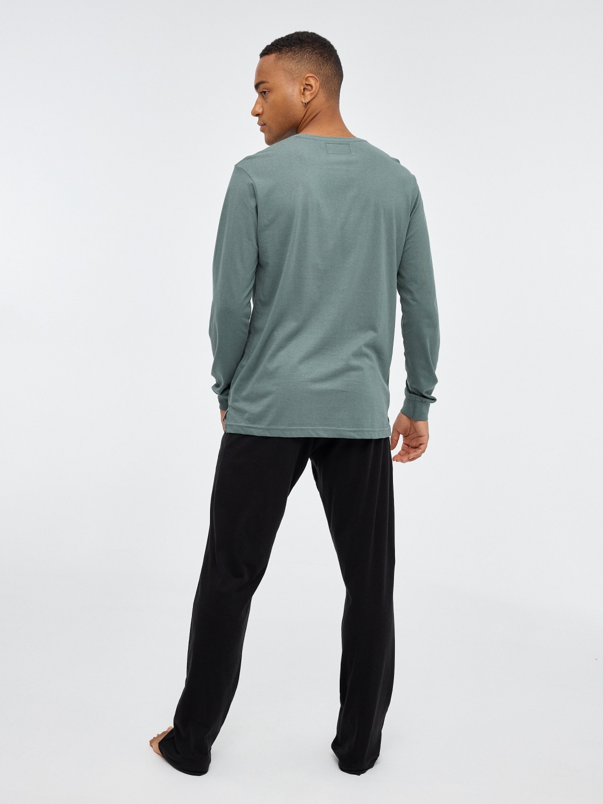 T-shirt pajamas with buttons greyish green back view