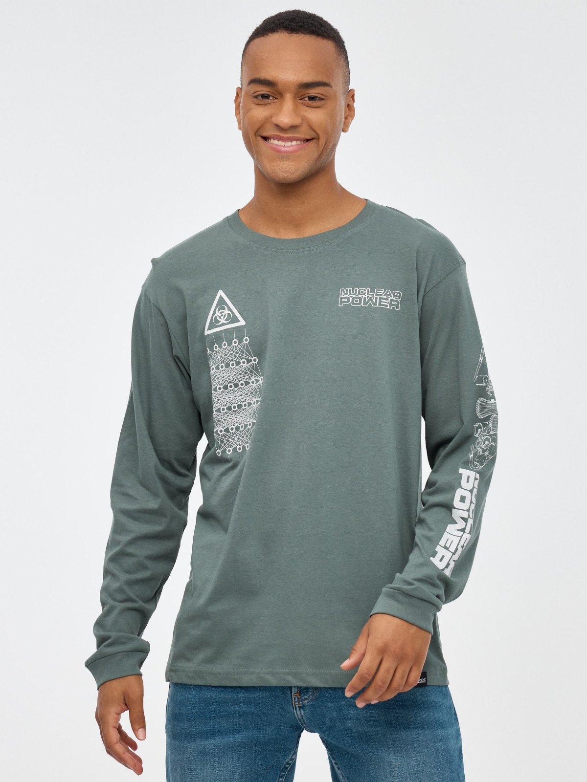 Power print sleeve t-shirt greyish green middle front view