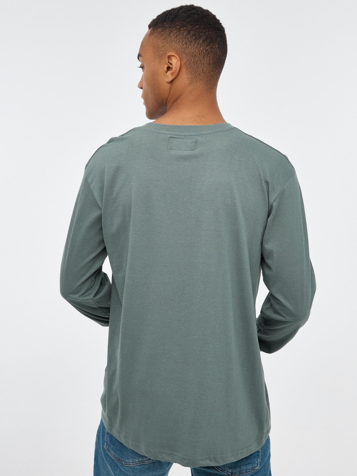 Power print sleeve t-shirt greyish green middle back view