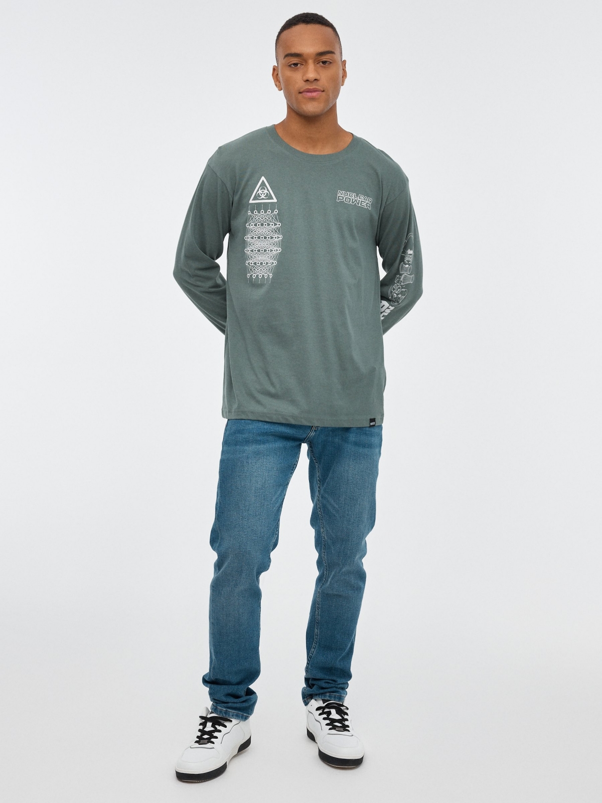 Camiseta print Power en manga verde grisáceo vista general frontal