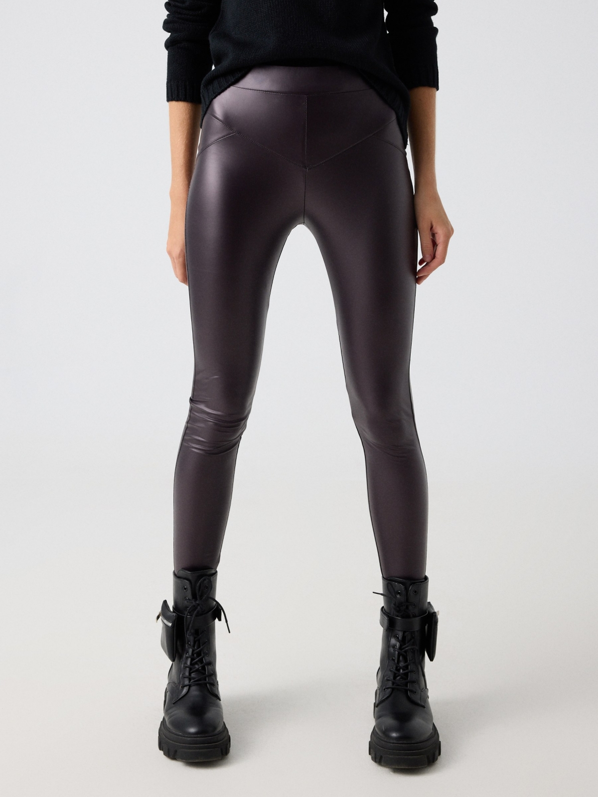 Faux leather leggings brown middle front view