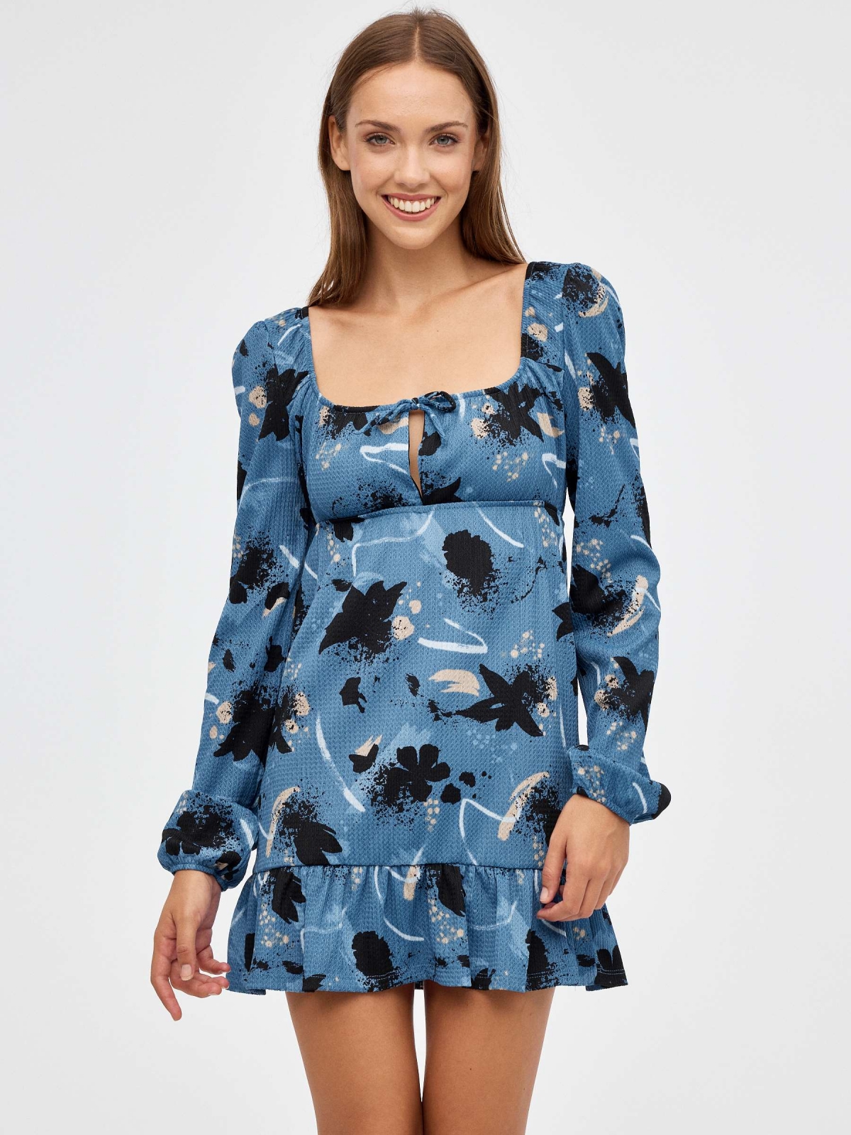 Mini print dress with ruffle blue middle front view
