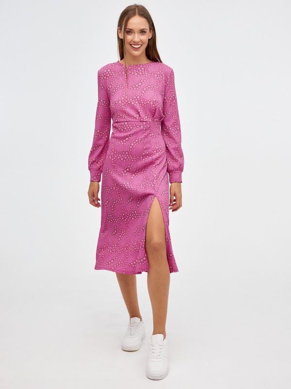 Midi flare dress with slit fuchsia middle front view