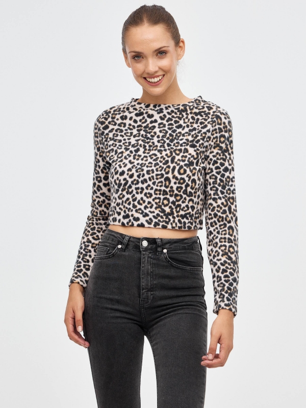 Animal print crop top black middle front view