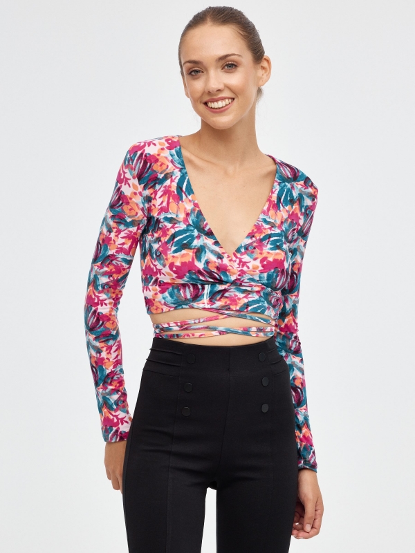Camisa com print floral e lace up multicolorido vista meia frontal
