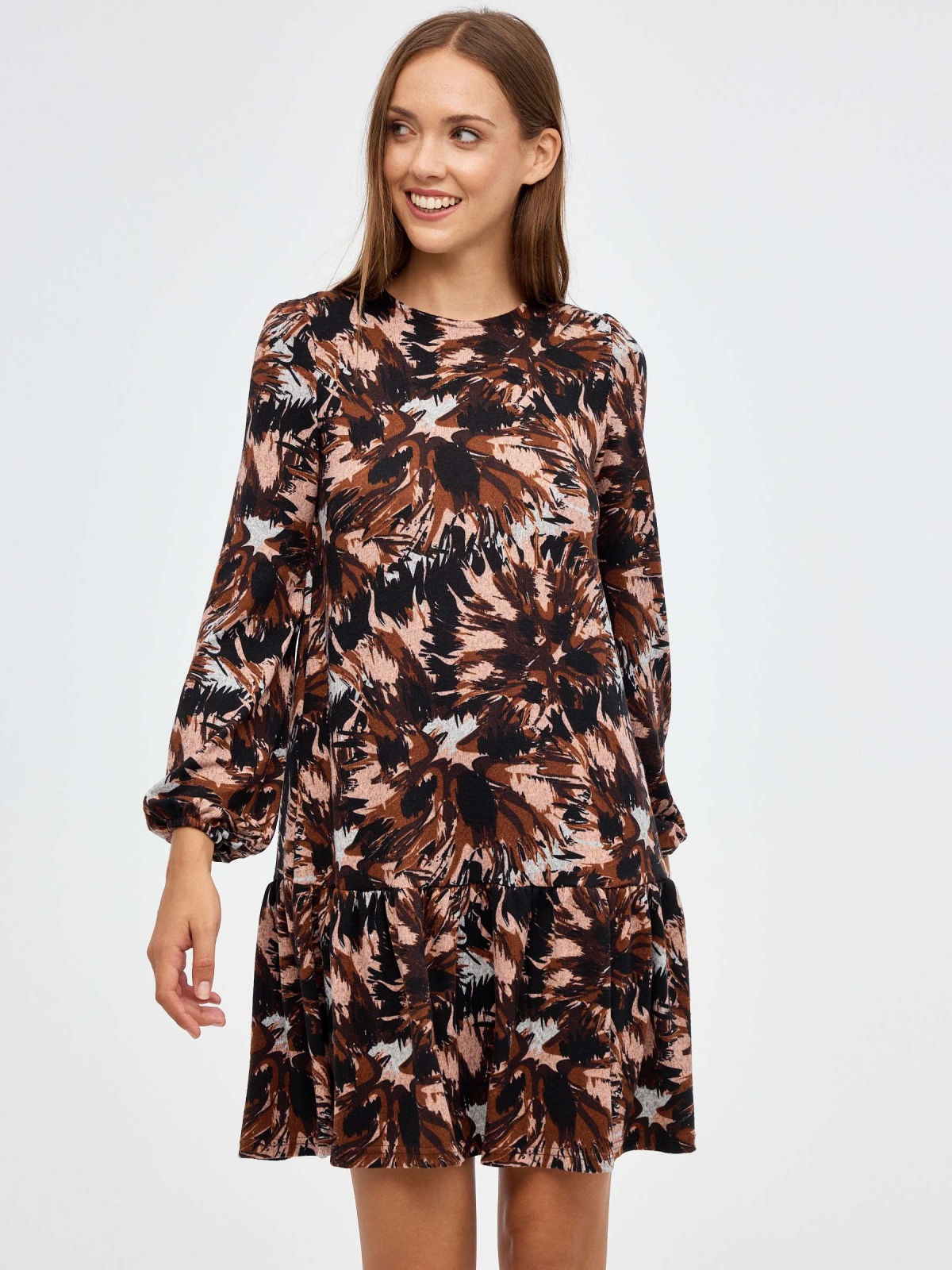Mini-vestido com print total e folho multicolorido vista meia frontal