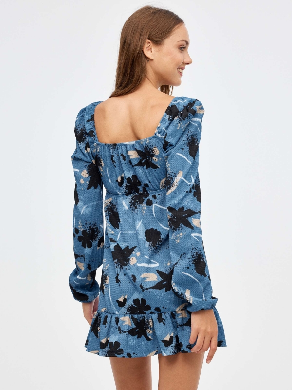 Mini print dress with ruffle blue middle back view