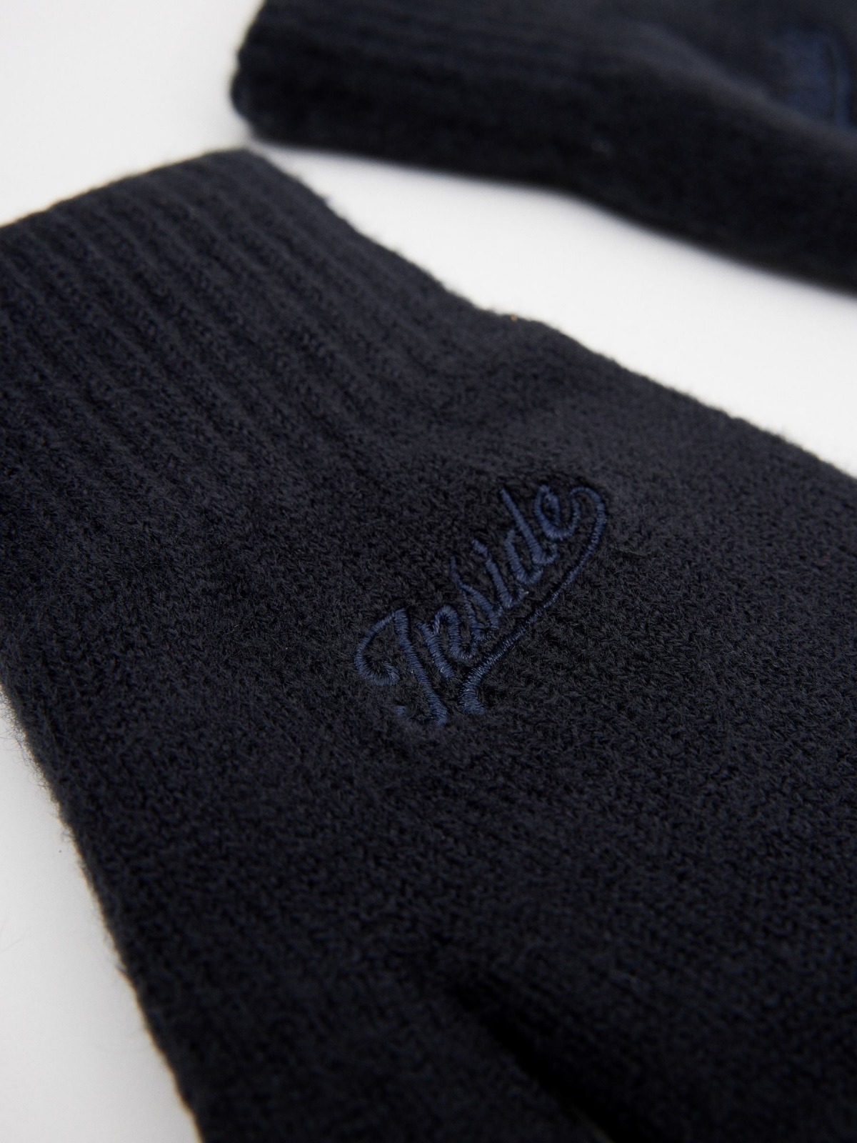 Brand embroidered gloves dark blue detail view
