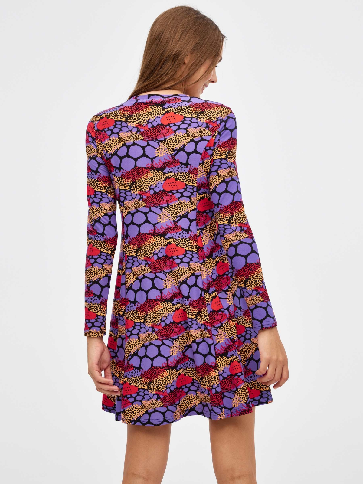 Purple mini print dress multicolor middle back view