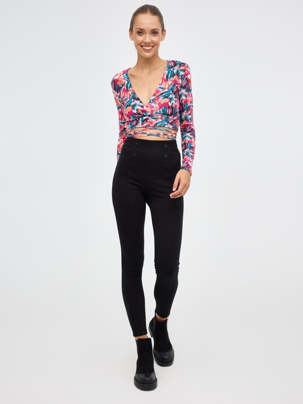 Floral print shirt with lace up multicolor front view