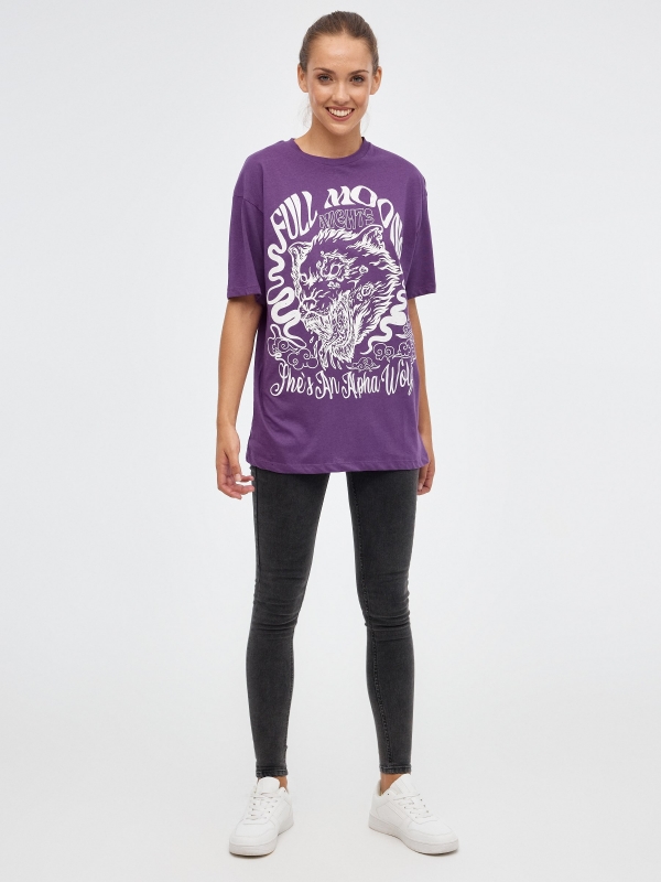 Full Moon print T-shirt aubergine front view