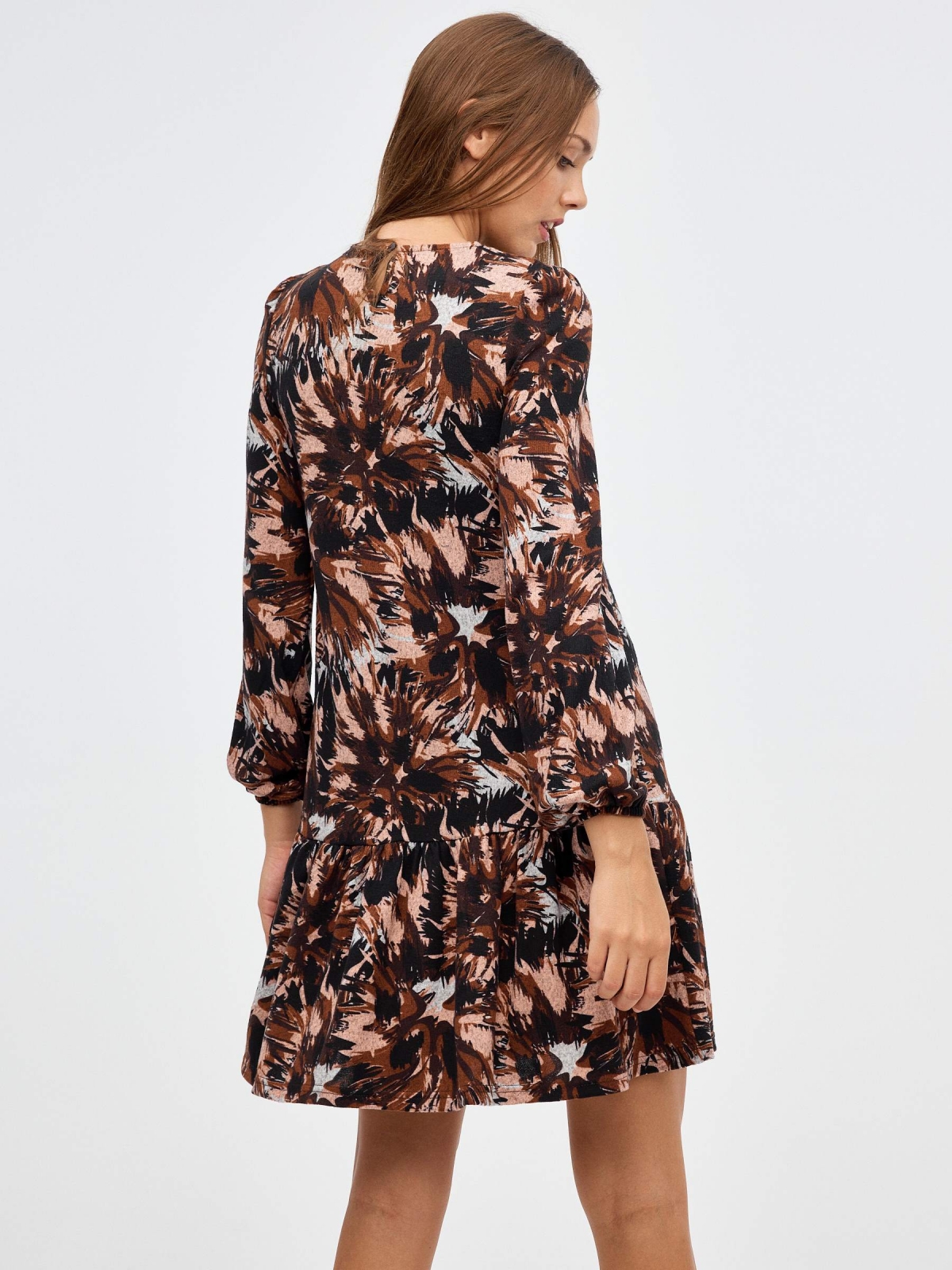 Mini-vestido com print total e folho multicolorido vista meia traseira