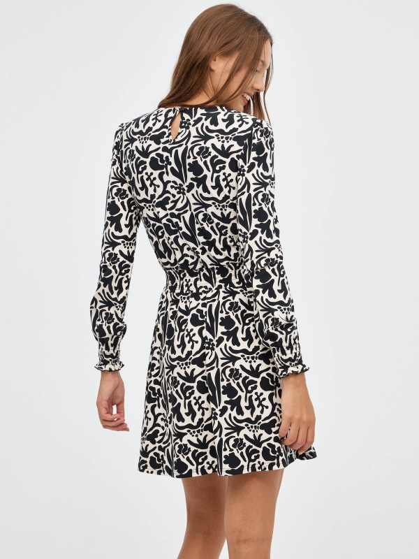 Mini flare dress printed with elastic bands black middle back view