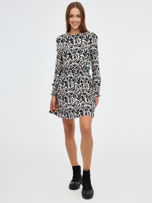 Mini flare dress printed with elastic bands black front view