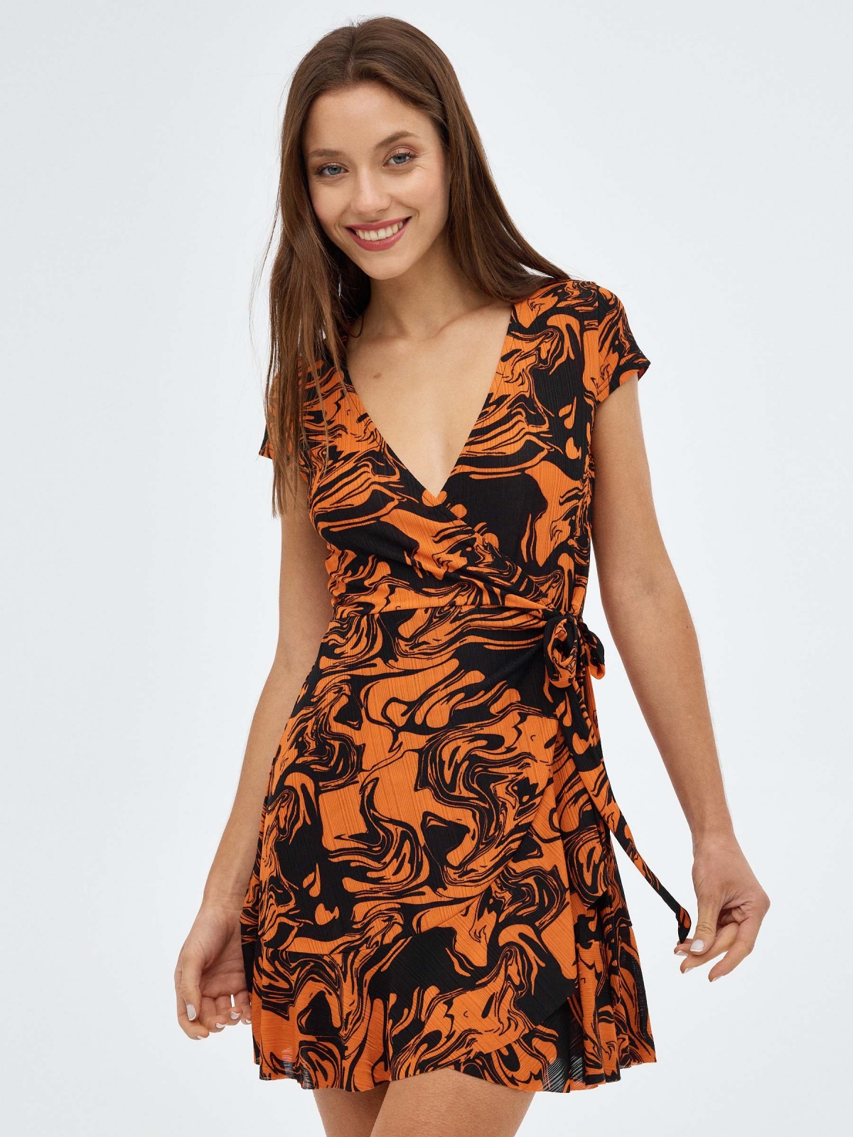 Psychedelic mini dress with straps orange middle front view