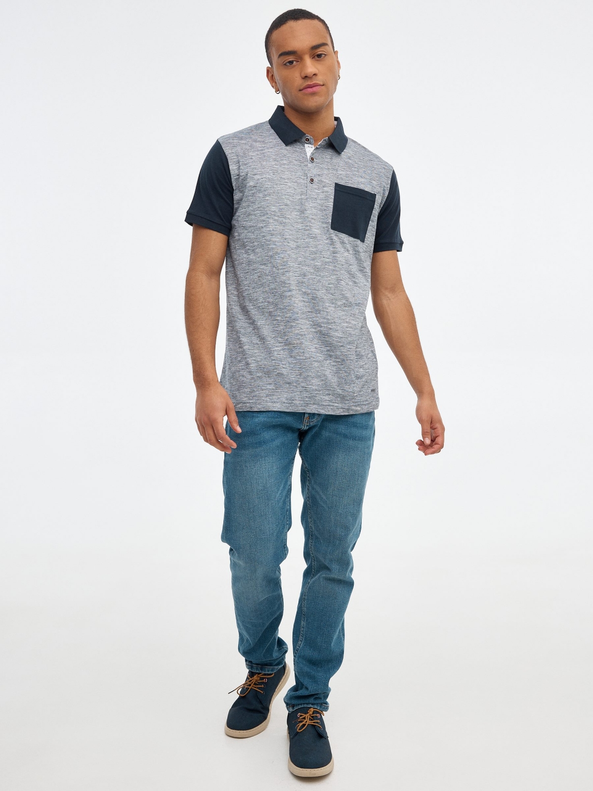 Polo shirt with contrast pocket blue front view