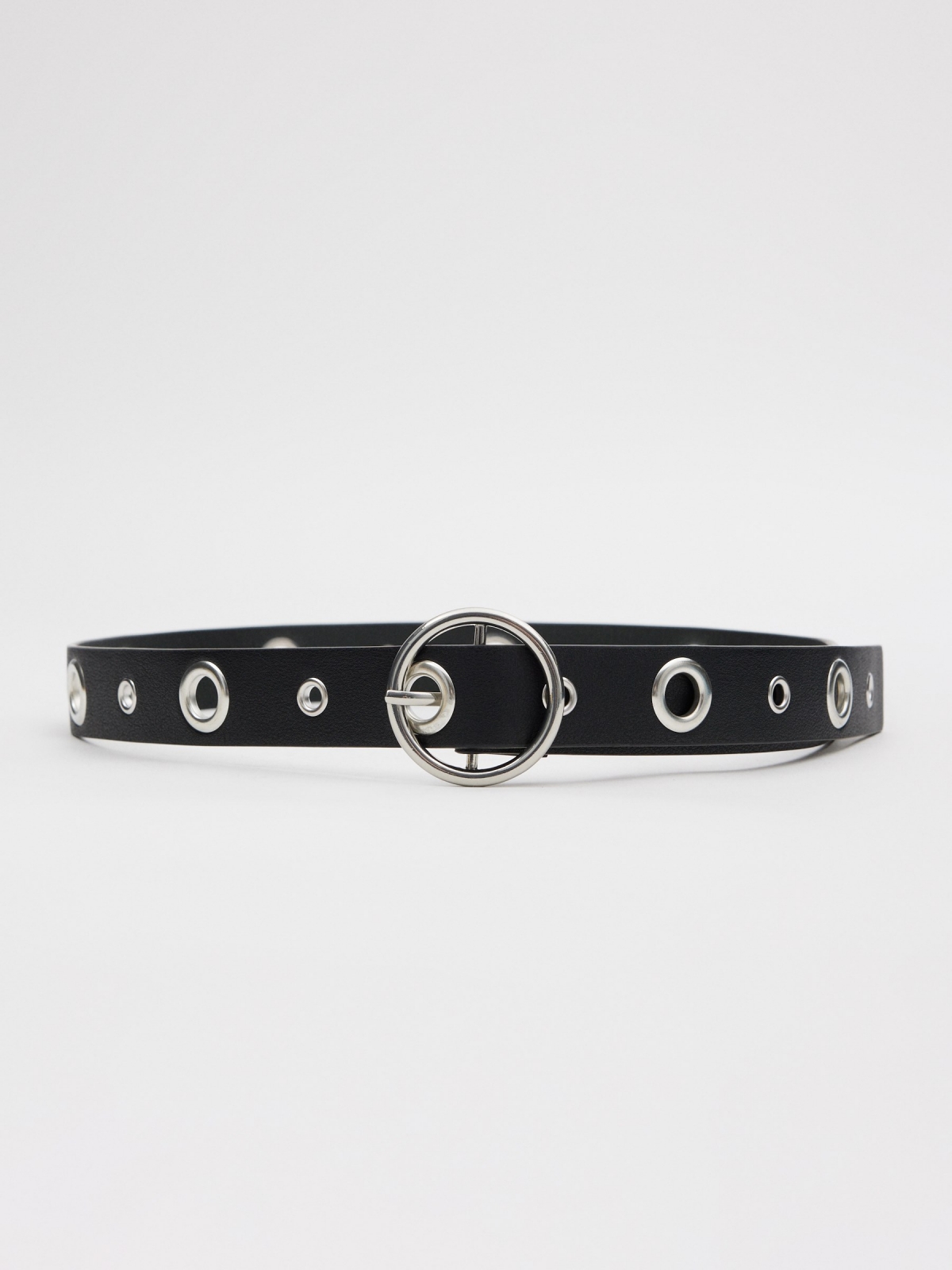 Studded round buckle belt black detail view